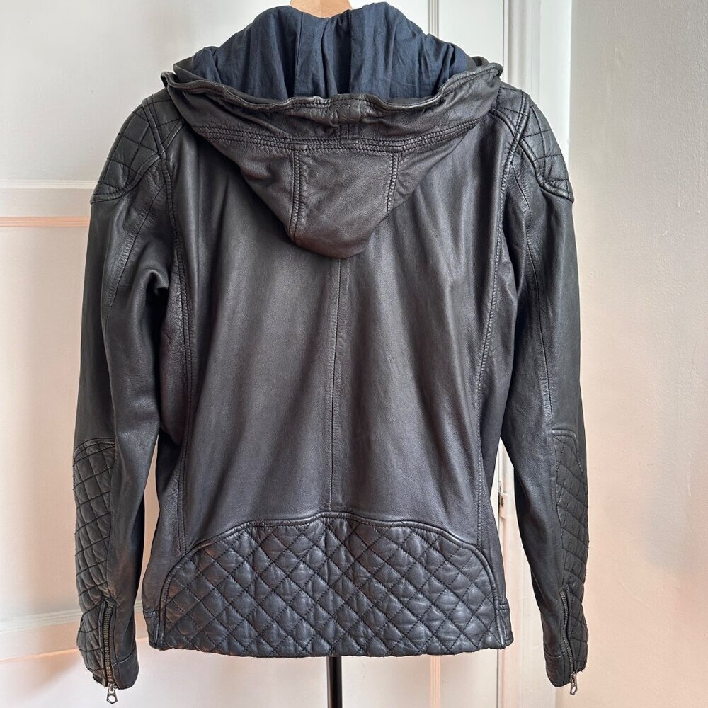 Scotch & Soda Black Leather Hooded Zip Moto Biker Jacket RARE Small - Picture 2 of 13